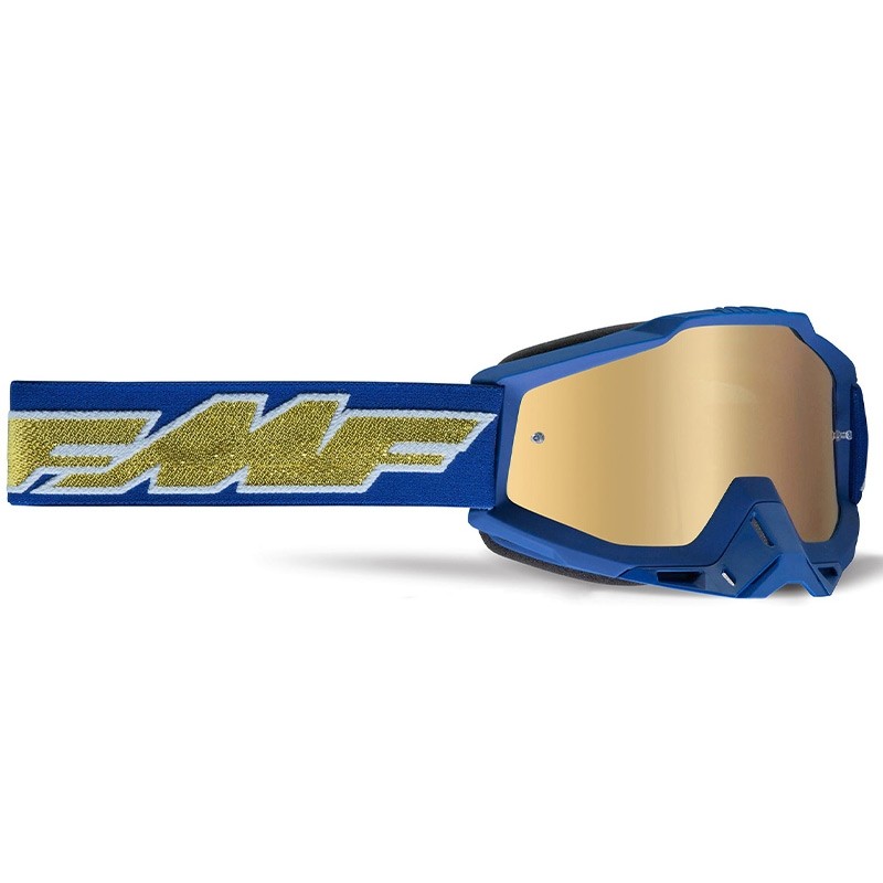 Maschera Moto FMF Powerbomb Rocket Blu Oro Lente Oro Specchiata